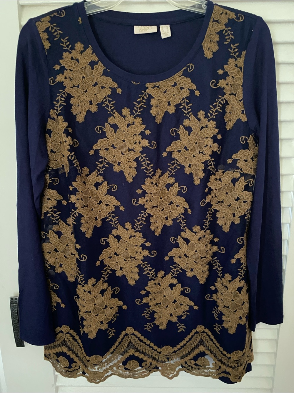 LOGO by Lori Goldstein Navy Long Sleeve Top with Gold Lace Appliqué